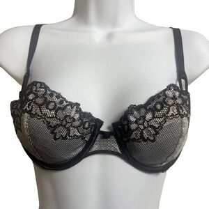 Wonderbra 7608 Black Lace Underwire Demi Bra Floral Scalloped Trim 34B